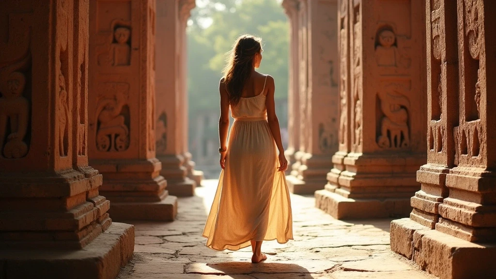 Stylische Reisende bewundert Steinschnitzereien am Banteay Srei Tempel in Siem Reap