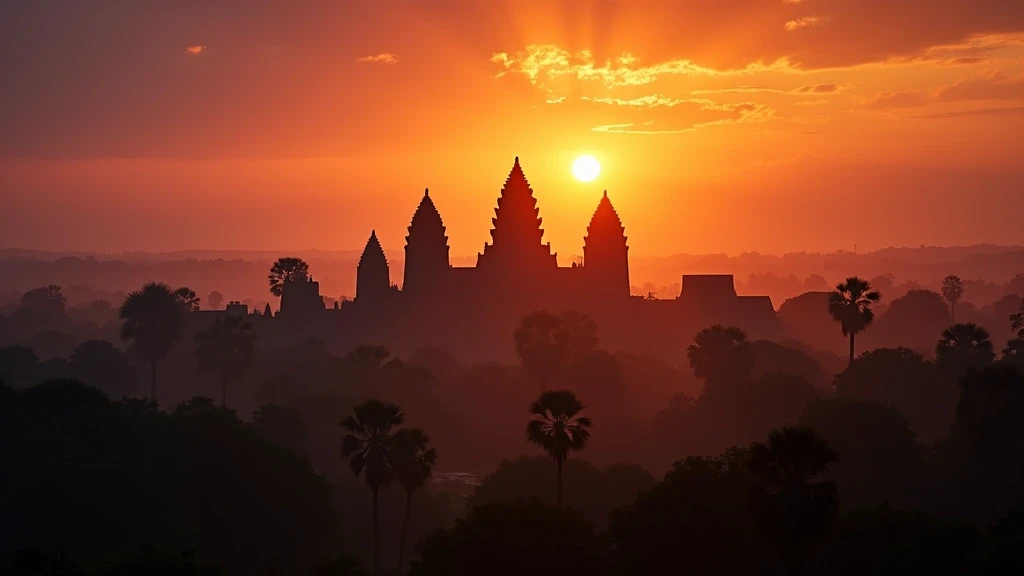 Sonnenuntergang am Bayon Tempel mit steinernen Gesichtern in Siem Reap