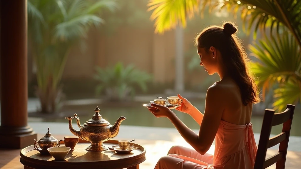 Elegante Reisende bei traditioneller Khmer Teezeremonie in Siem Reap Resort