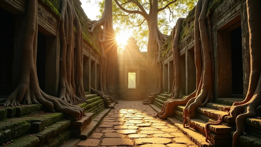 Goldenes Licht in den Korridoren des Ta Prohm Tempels in Siem Reap