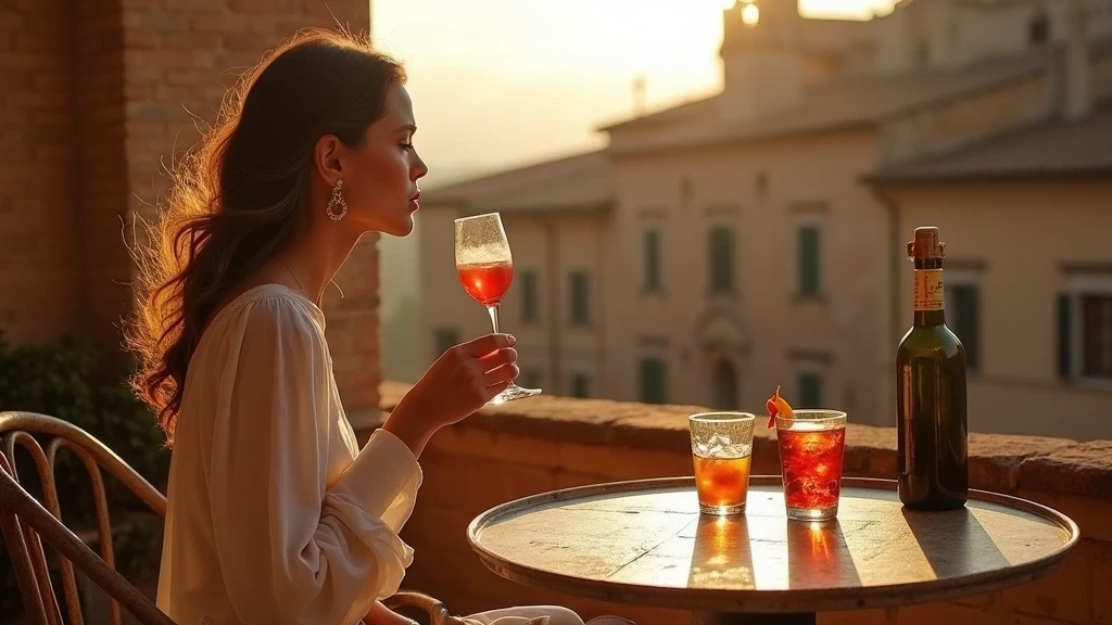 Elegante Frau geniesst Aperitivo auf Terrasse in Siena zur goldenen Stunde