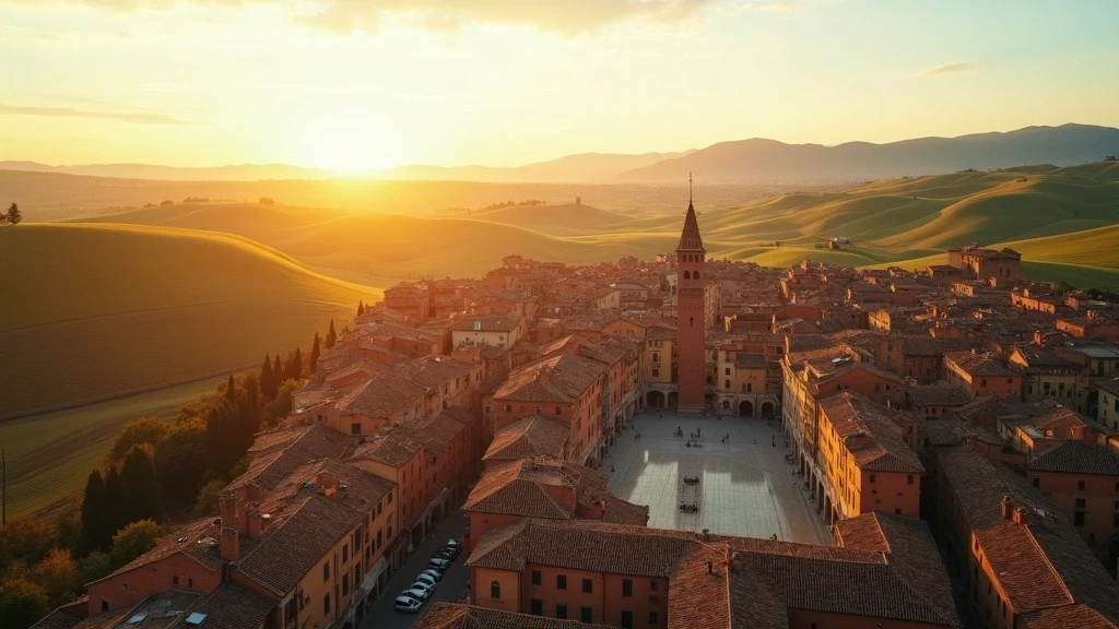 Luftaufnahme von Siena mit Piazza del Campo und toskanischen Huegeln zur goldenen Stunde