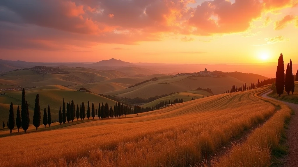 Panoramablick auf die toskanische Landschaft bei Sonnenuntergang mit Zypressen und Siena im Hintergrund