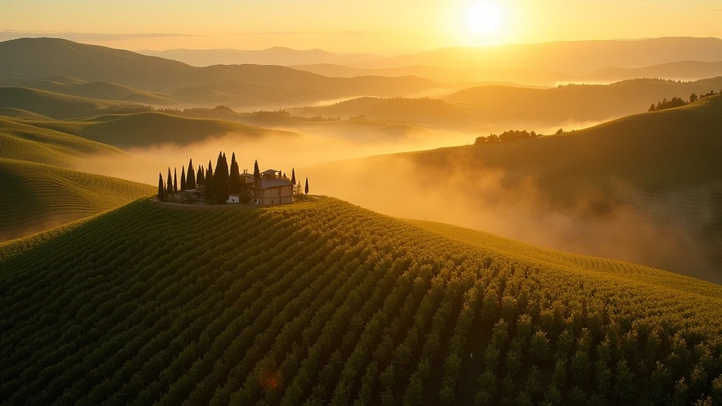 Goldene Stunde im Val d'Orcia mit Weinbergen und Morgennebel bei Siena