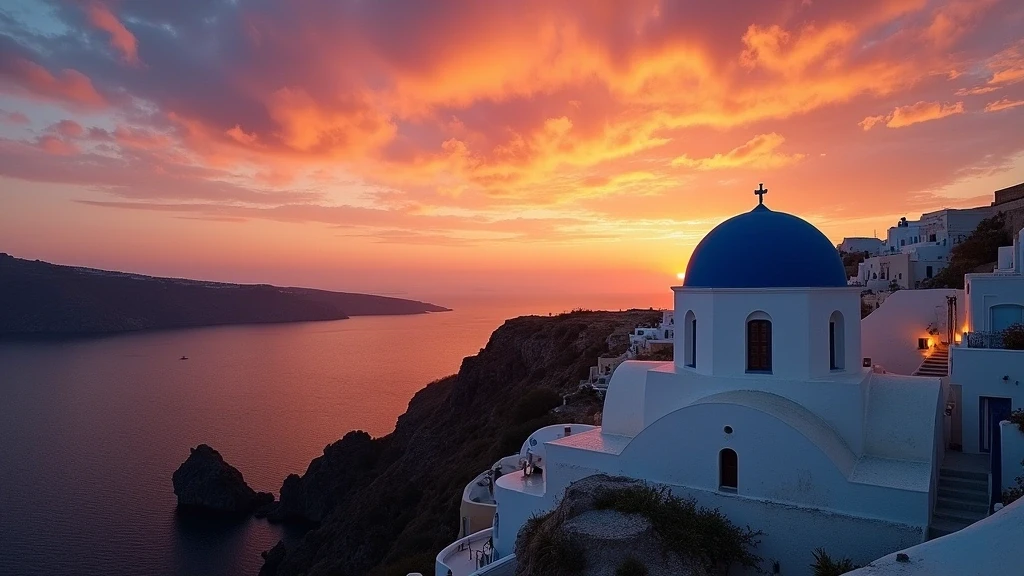 Sonnenuntergang über der Kirche der Sieben Märtyrer auf Sifnos mit blauer Kuppel