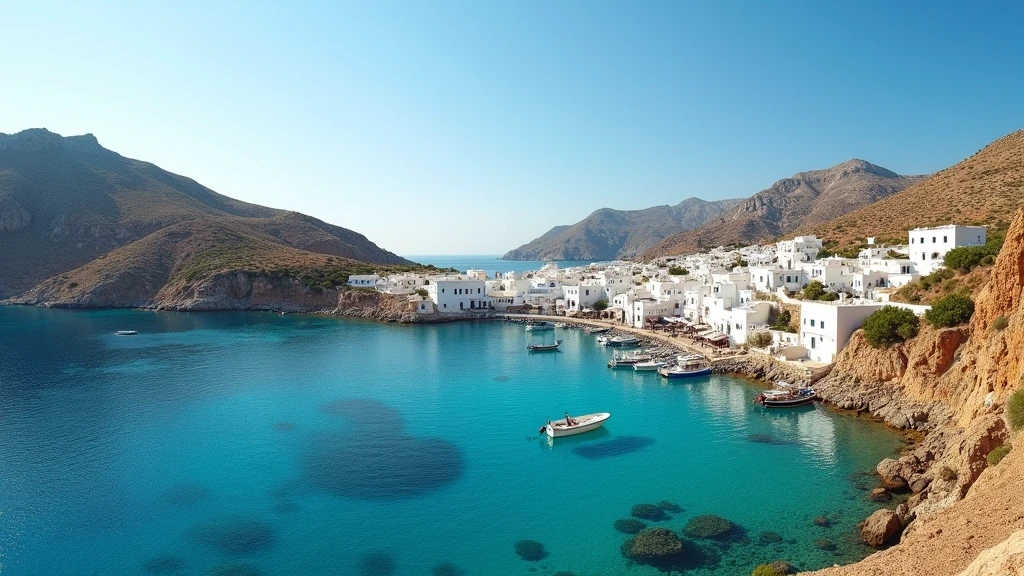 Panoramablick auf die Vathy-Bucht von Sifnos mit türkisfarbenem Wasser und weißen Kapellen