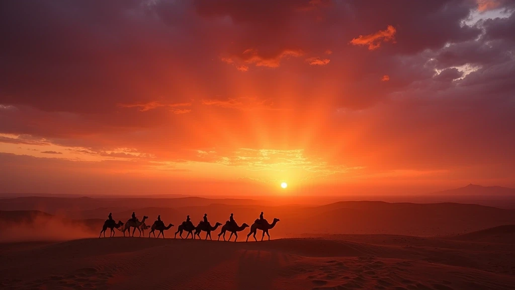 Dramatischer Sonnenuntergang ueber Wuestenebenen mit Kamelkarawanen in Usbekistan
