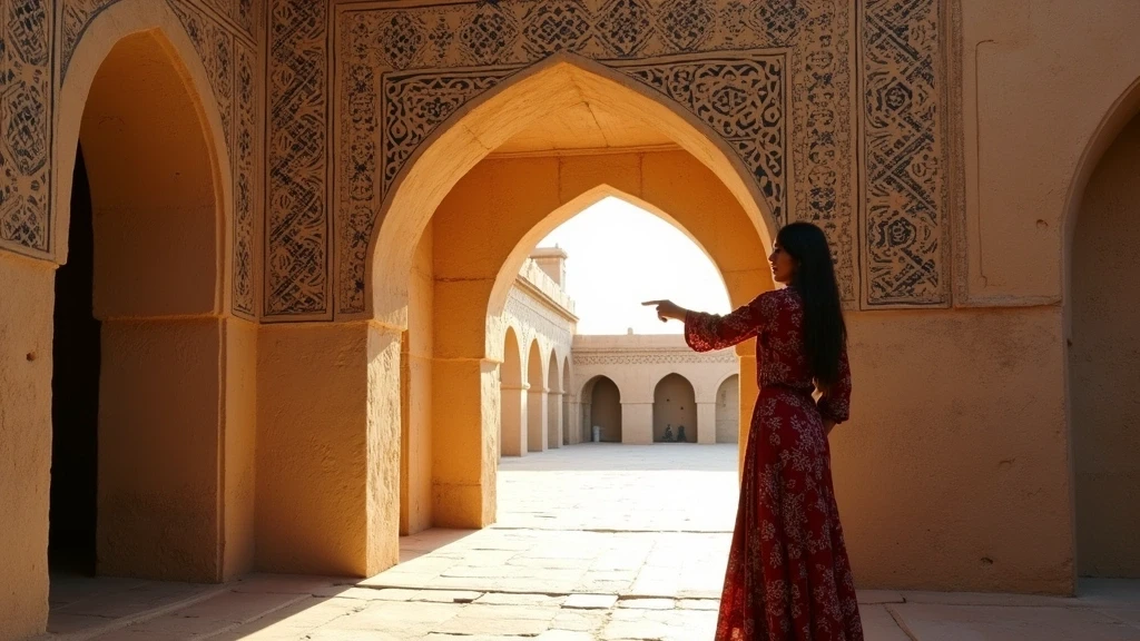 Lokale Fuehrerin zeigt traditionelle Fliesenarbeit an historischer Medrese in Usbekistan