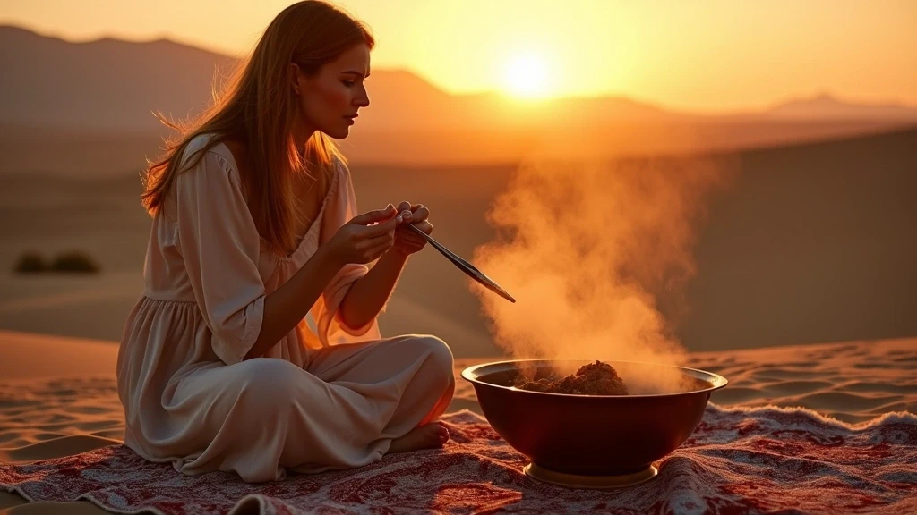 Elegante Frau geniesst traditionelles Plov-Gericht bei Wuestenfeier in Usbekistan