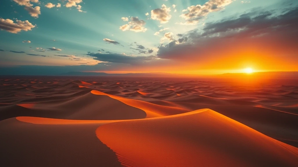 Sonnenuntergang ueber den Kyzylkum-Wuestenduenen in Usbekistan mit goldenem Licht