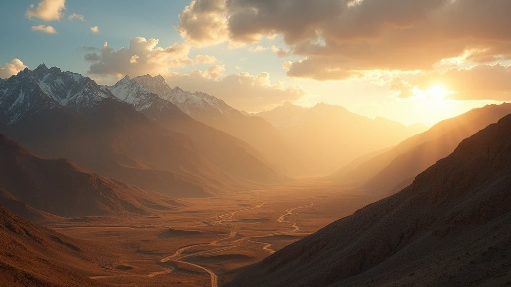 Panoramablick auf antike Seidenstrasse durch Gebirgspaesse in Usbekistan