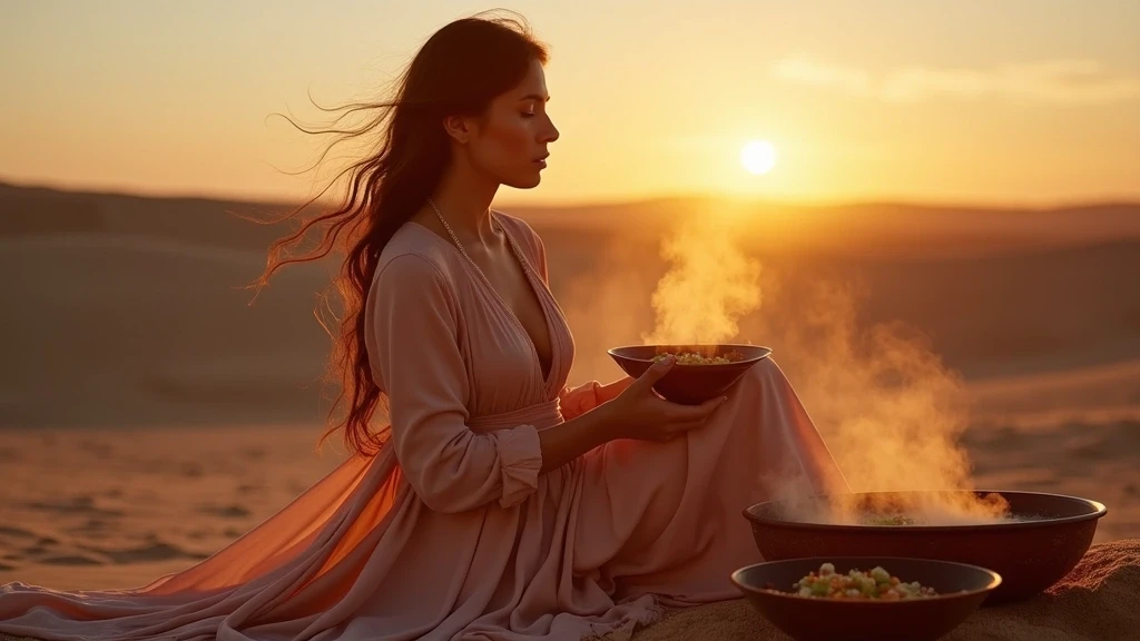 Elegante Frau geniesst traditionelles Plov-Gericht in usbekischer Wueste
