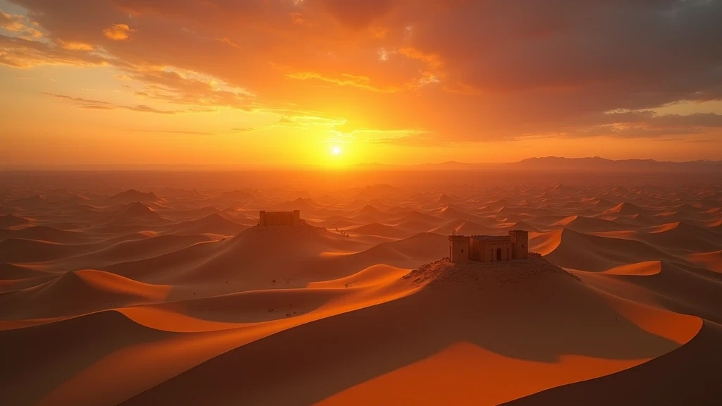 Luftaufnahme goldener Sandduenen und antiker Festungen in Usbekistan zur goldenen Stunde