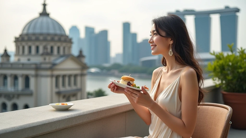Elegante Frau geniesst Afternoon Tea auf dem Dach der National Gallery Singapore