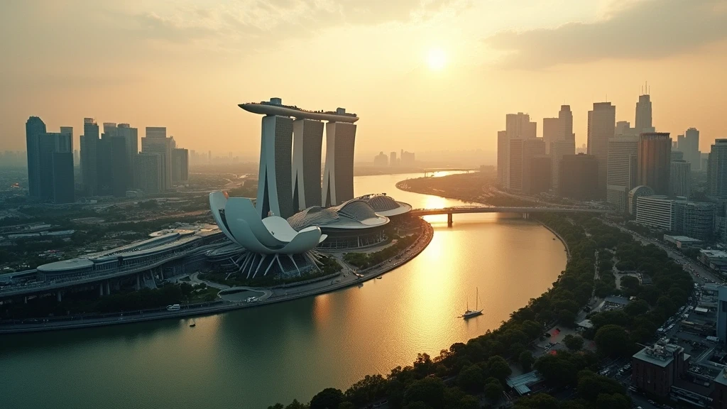Luftaufnahme des futuristischen Stadtpanoramas von Singapur zur goldenen Stunde mit Marina Bay Sands