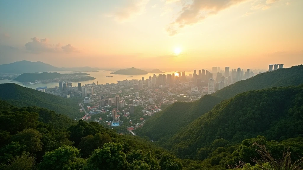 Panoramablick von Mount Faber auf Sentosa und die Suedlichen Inseln in Singapur