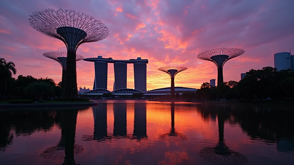 Sonnenuntergang ueber den Supertree Grove im Gardens by the Bay in Singapur