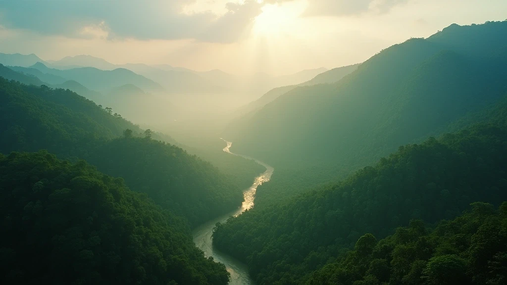 Dramatische Luftaufnahme des Sinharaja-Regenwaldes in Sri Lanka mit Nebel und goldenem Licht