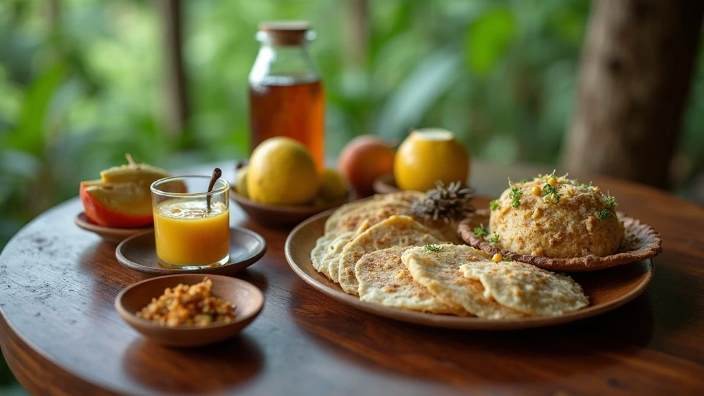 Traditionelles fruehstueck im Sinharaja-Regenwald, Sri Lanka mit Regenwaldblick