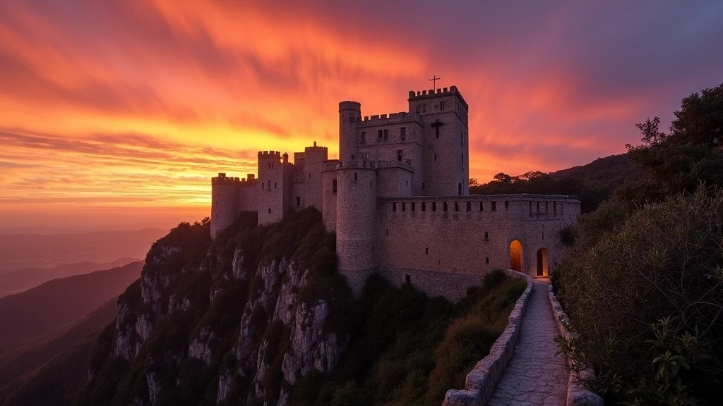 Sonnenuntergang ueber dem maurischen Schloss von Sintra mit dramatischem Himmel