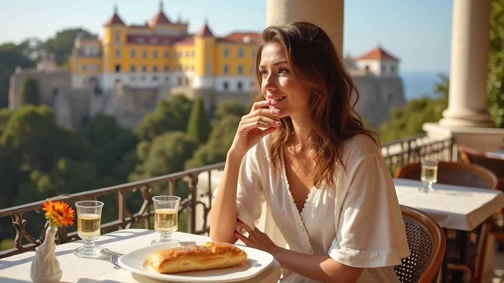 Elegante Frau geniesst portugiesische Pasteis de Nata mit Blick auf den Pena-Palast
