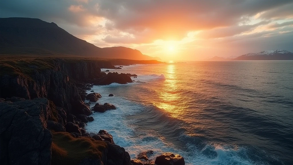Goldene Stunde an der Kueste von Sisimiut, Grönland mit Eisbergen und Felsen