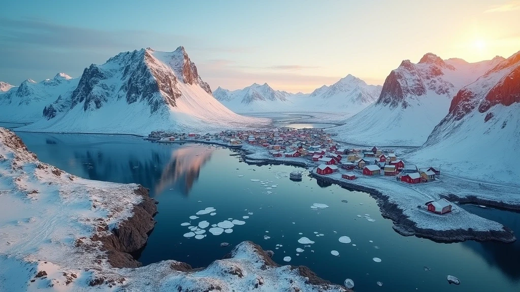 Luftaufnahme von Sisimiut, Grönland mit Bergen, Fjord und Eisbergen zur goldenen Stunde
