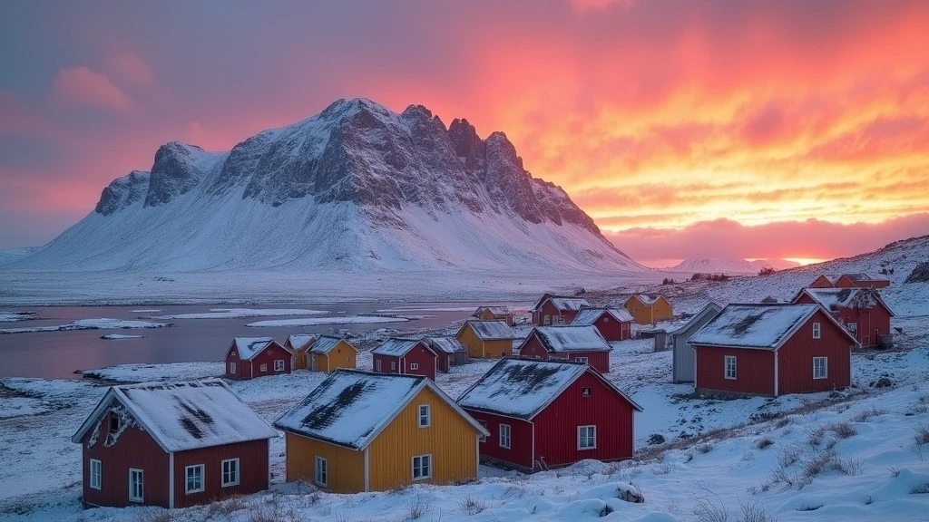 Panorama von Sisimiut, Grönland mit Sonnenuntergang über Bergen und bunten Haeusern