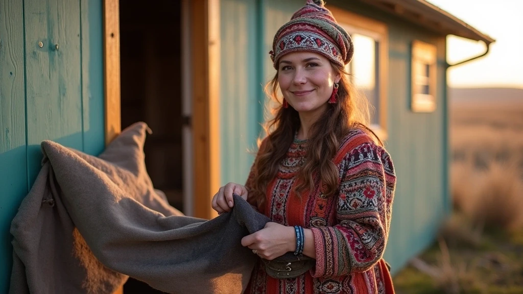 Lokale Frau in traditioneller Kleidung bei Robbenfell-Verarbeitung in Sisimiut, Grönland