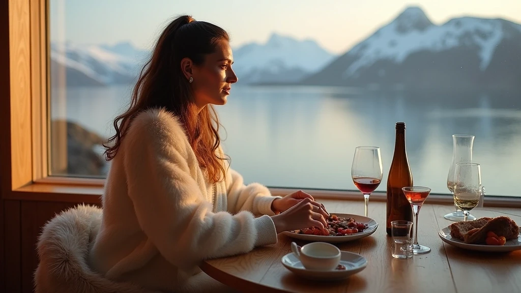 Elegante Frau geniesst traditionelles groenlaendisches Essen in Sisimiut mit Fjordblick