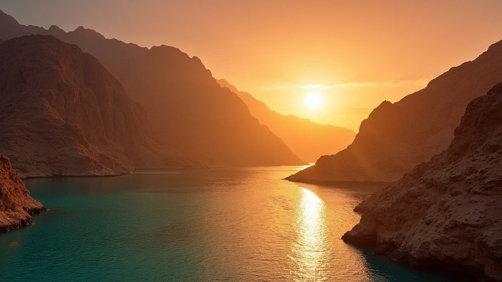 Sonnenuntergang ueber den Bergen und dem Meer der Six Senses Zighy Bay in Oman