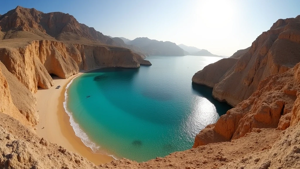Panoramablick auf den privaten Strand der Six Senses Zighy Bay in Oman mit Klippen