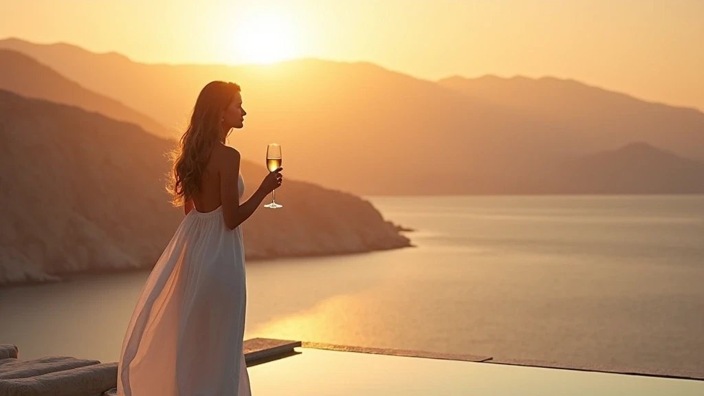 Elegante Frau geniesst Sonnenuntergang auf der Terrasse der Six Senses Zighy Bay Oman