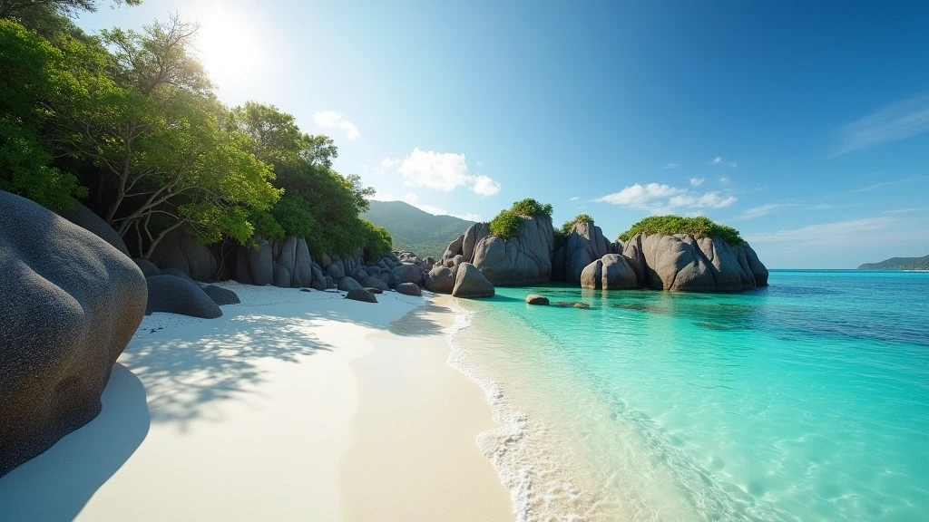 Panoramaansicht des Anse Source d'Argent Strandes auf Six Senses Zil Pasyon, Seychellen