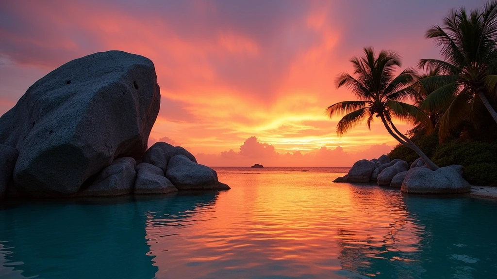 Sonnenuntergang ueber den Granitfelsen von Six Senses Zil Pasyon auf den Seychellen