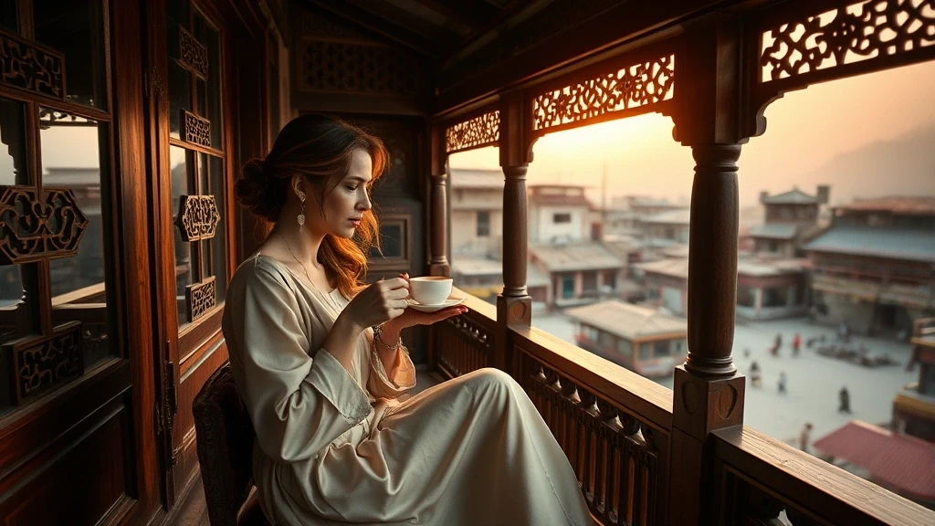 Elegante Frau auf Balkon in Skardus Altstadt mit traditionellem Tee bei Abendlicht