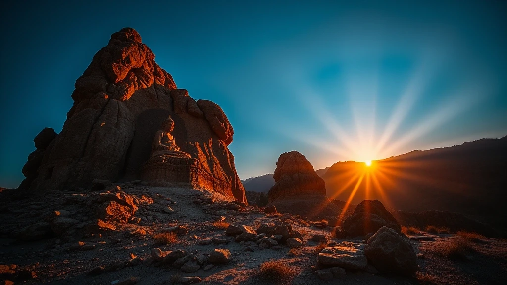 Goldene Stunde am Buddha-Felsen der Chaqchan Moschee in Skardu mit dramatischem Sonnenuntergang
