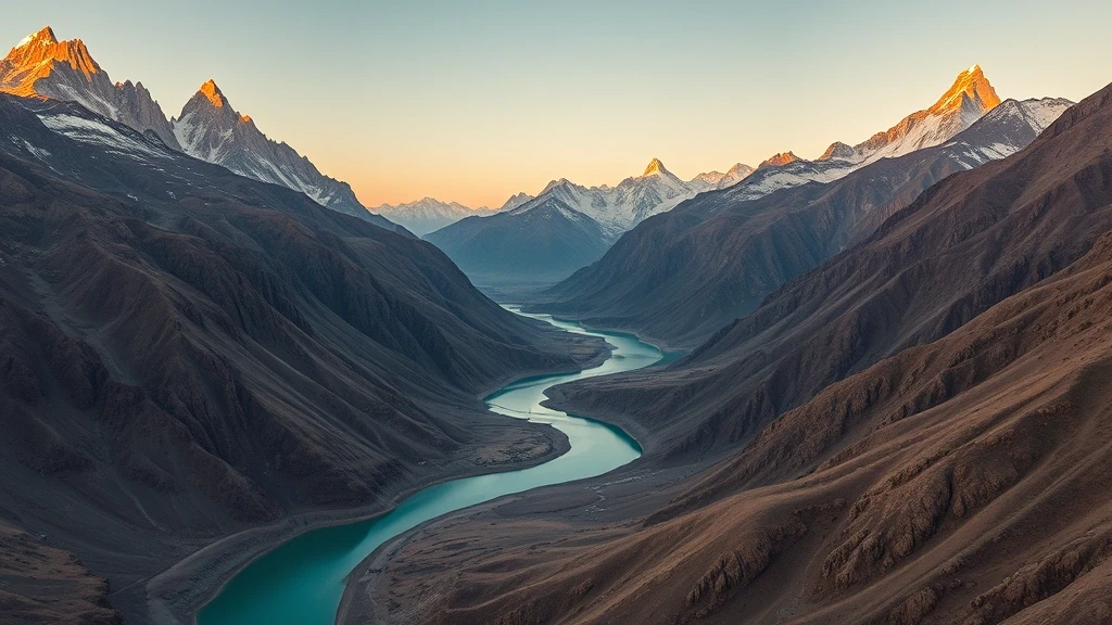 Dramatische Luftaufnahme der Karakoram-Berge und des Indus-Flusses in Skardu zur goldenen Stunde