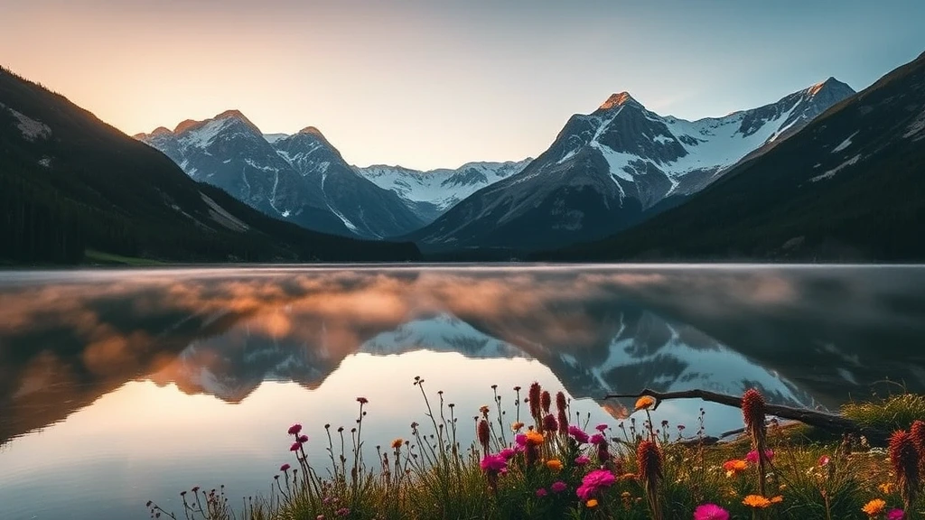 Goldene Stunde am Alpensee in der Skyline Trail, Kanada mit Bergspiegelungen und Wildblumen