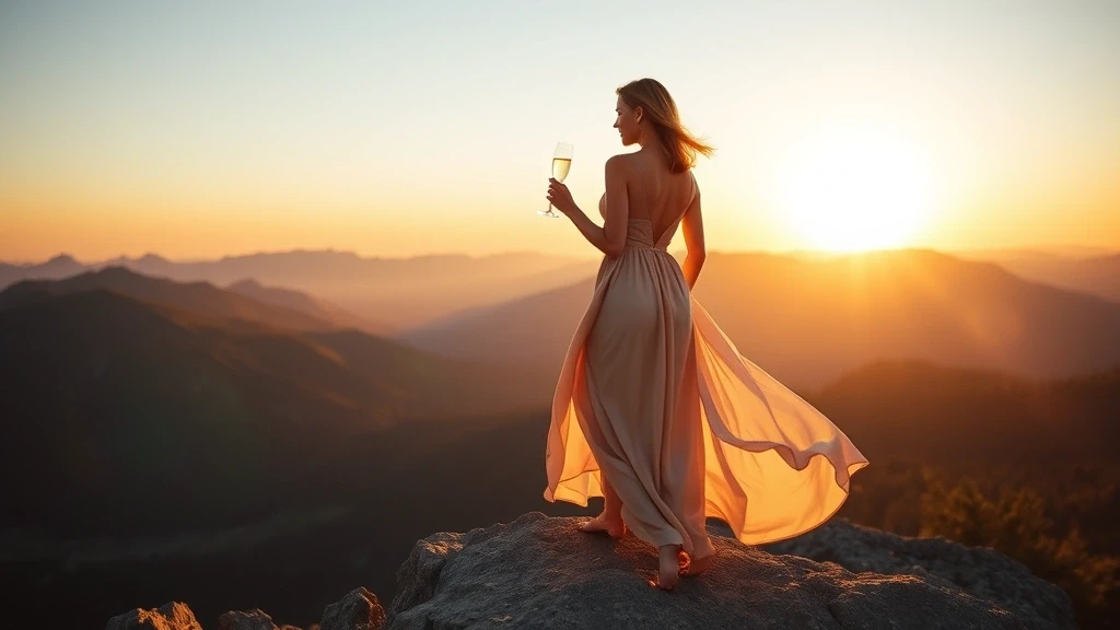 Elegante Frau in fliessendem Kleid geniesst Sonnenuntergang auf der Skyline Trail in Kanada