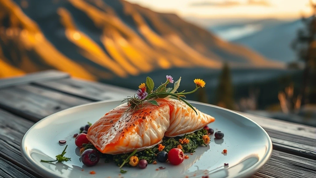 Artisanelle kanadische Kueche auf der Skyline Trail mit Wildlachs und Bergblick