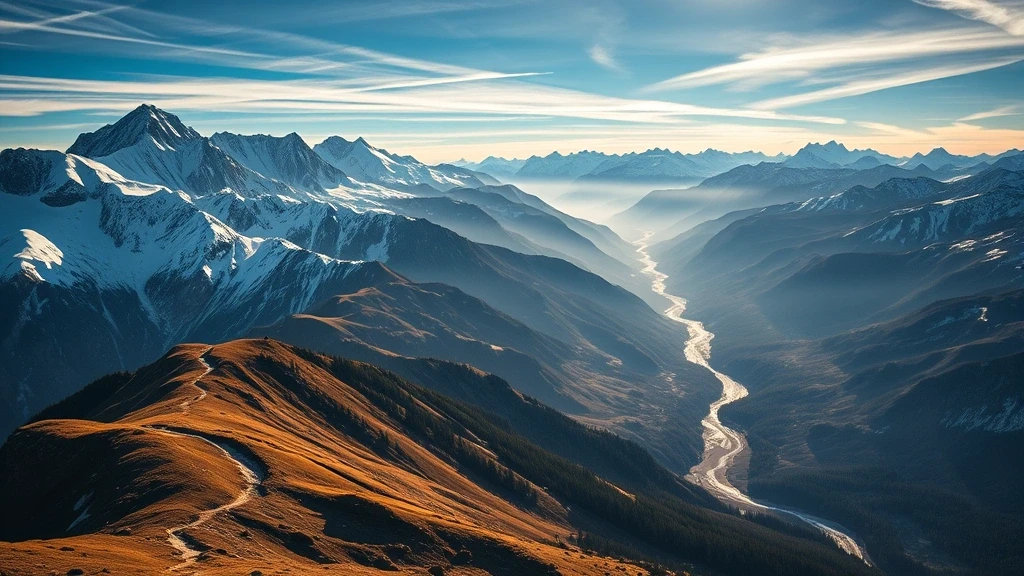 Dramatische Luftaufnahme der Skyline Trail in Kanada mit schneebedeckten Gipfeln und alpiner Landschaft zur goldenen Stunde