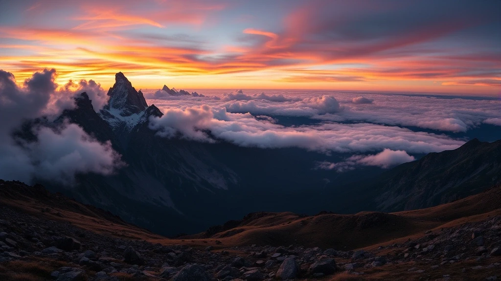 Panoramablick auf die Skyline Trail in Kanada mit schroffen Berggipfeln und dramatischem Sonnenuntergang