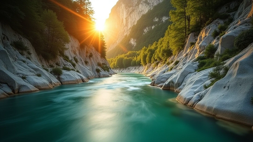 Goldene Stunde im Großen Soča-Canyon mit smaragdgrünen Pools, Slowenien