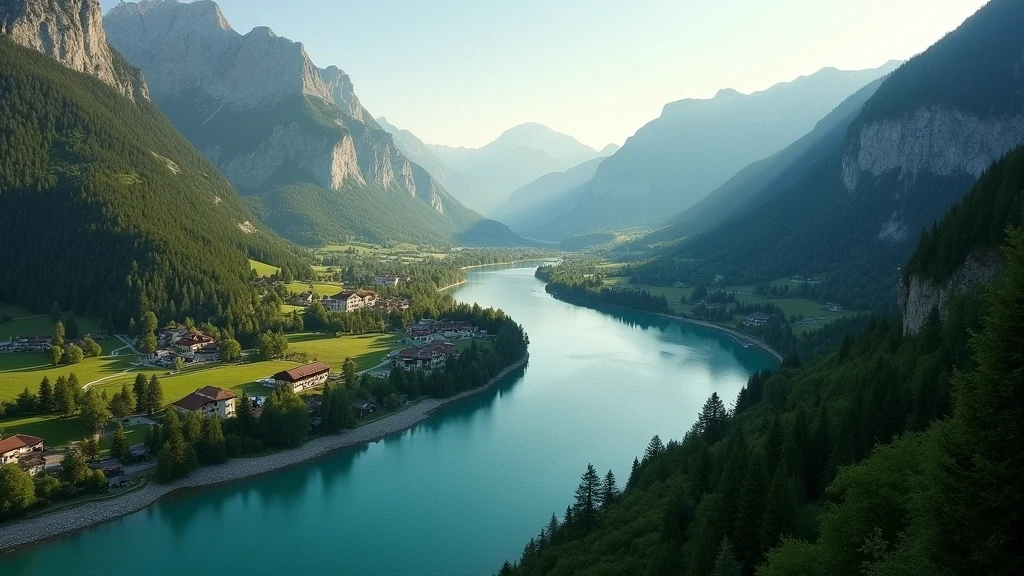 Luftaufnahme des türkisfarbenen Soča-Flusses im slowenischen Alpen-Tal zur goldenen Stunde