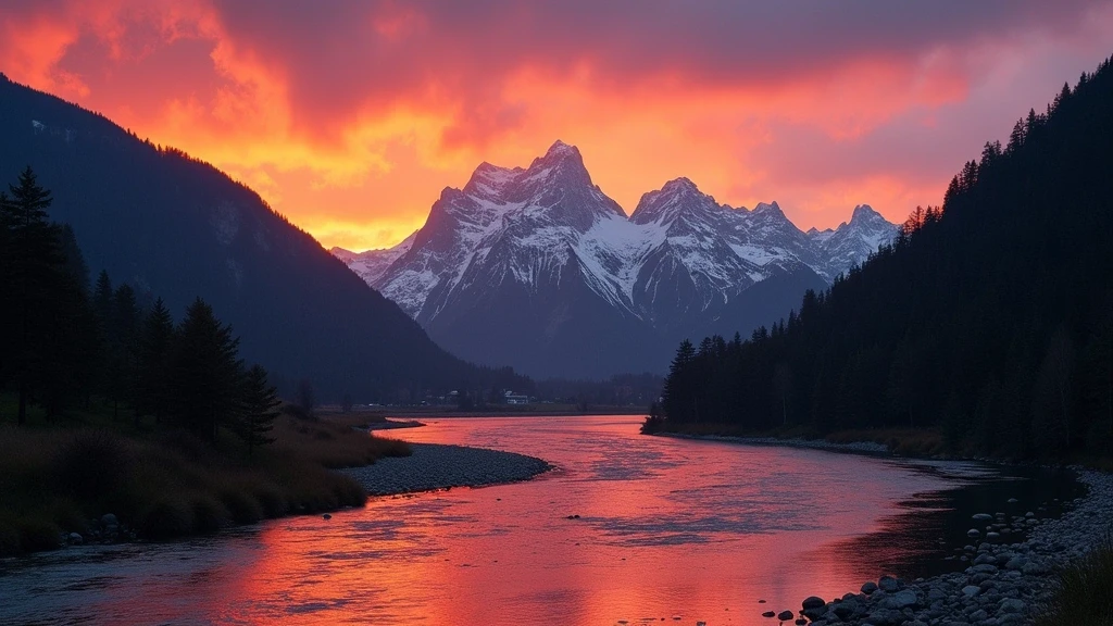 Sonnenuntergang über den Julischen Alpen mit Triglav-Gipfeln im Soča-Tal, Slowenien