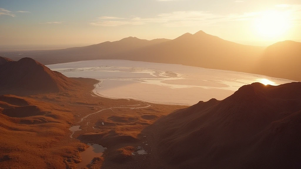 Dramatische Luftaufnahme der Atacama-Wüste mit Salzebenen und Vulkanen in Socaire, Chile zur goldenen Stunde