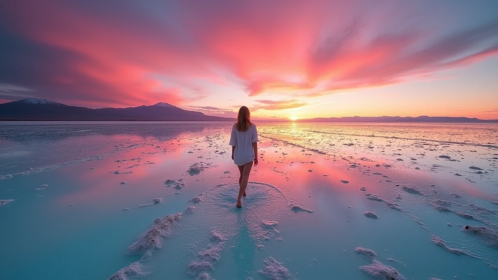Panoramablick auf die Salar de Atacama Salzebenen bei Sonnenuntergang in Socaire, Chile
