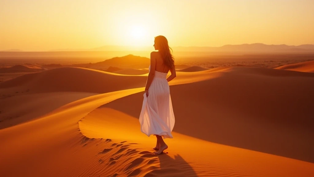 Elegante Frau auf Sandduene bei Sonnenuntergang in Solitaire, Namibia