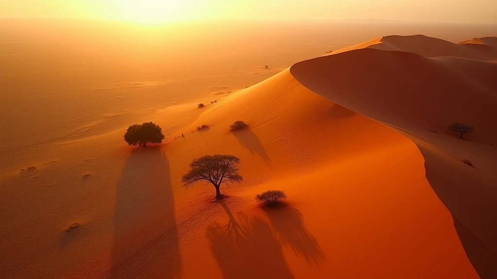 Luftaufnahme der roten Sandduenen und Wuestenlandschaft in Solitaire, Namibia zur goldenen Stunde